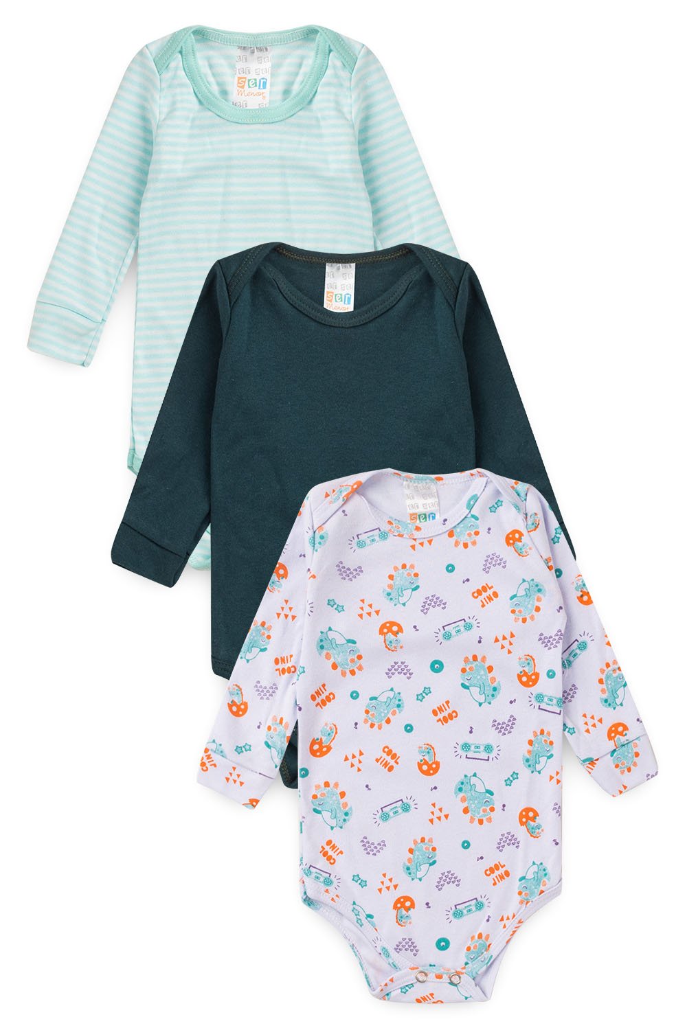 Kit 3 Body´s Dino Cool Longo - Bebê Menino - Suedine